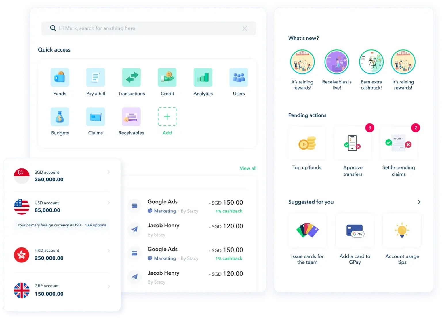 The Aspire account dashboard, showing balances and recent transactions