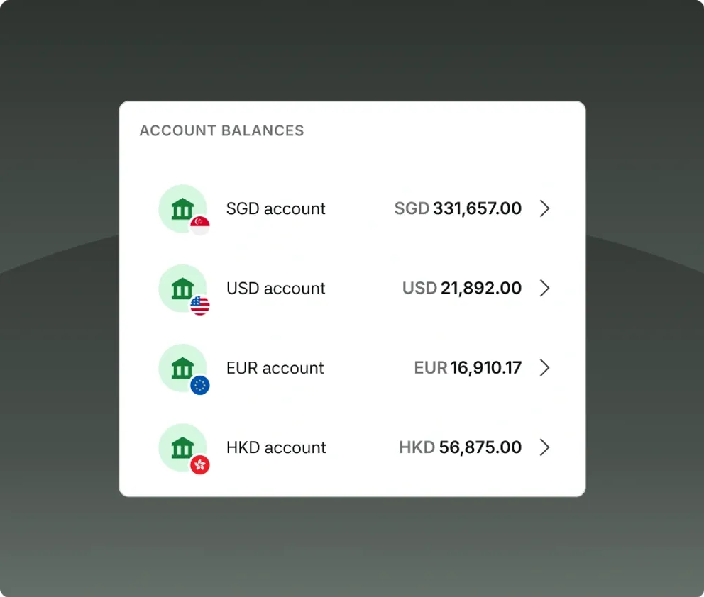 The Aspire app showing account balances for SGD, USD, EUR and HKD accounts