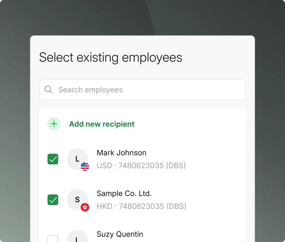 A payment run recipient picker with two of three payees ticked, each row showing its payout currency and bank account.