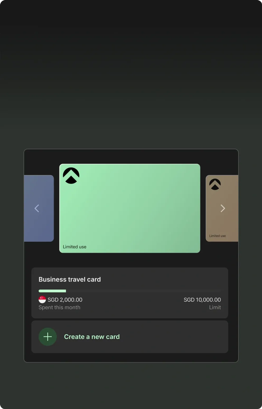 A business travel card showing SGD 2,000.00 spent this month against an SGD 10,000.00 limit