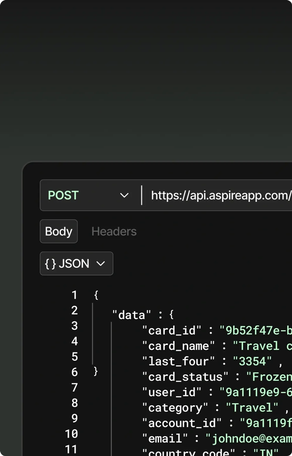 A POST request to the Aspire API with a JSON body describing a card