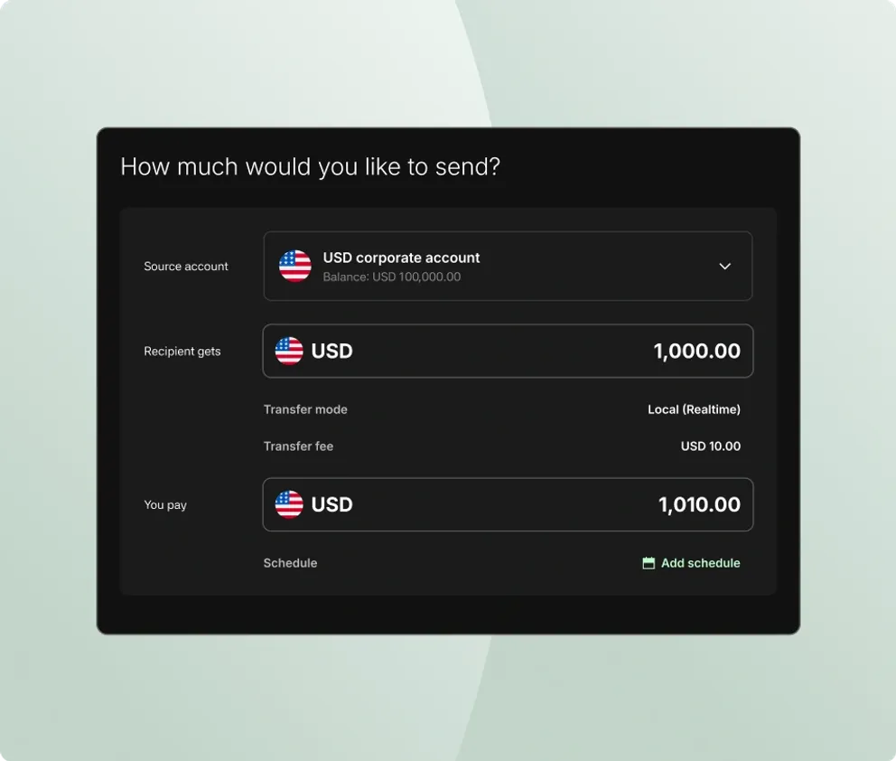 The Aspire transfer screen sending USD 1,000 from a USD corporate account, with the transfer mode and fee shown before the total