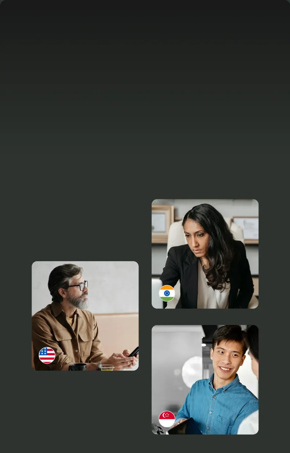 Three colleagues, each badged with the flag of the market they work in.