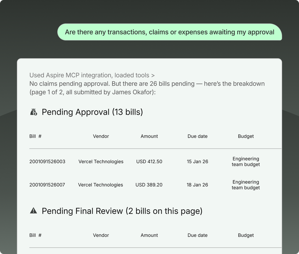An assistant reporting no claims pending but bills awaiting approval, split into pending approval and pending final review, each row giving bill number, vendor, amount and due date.