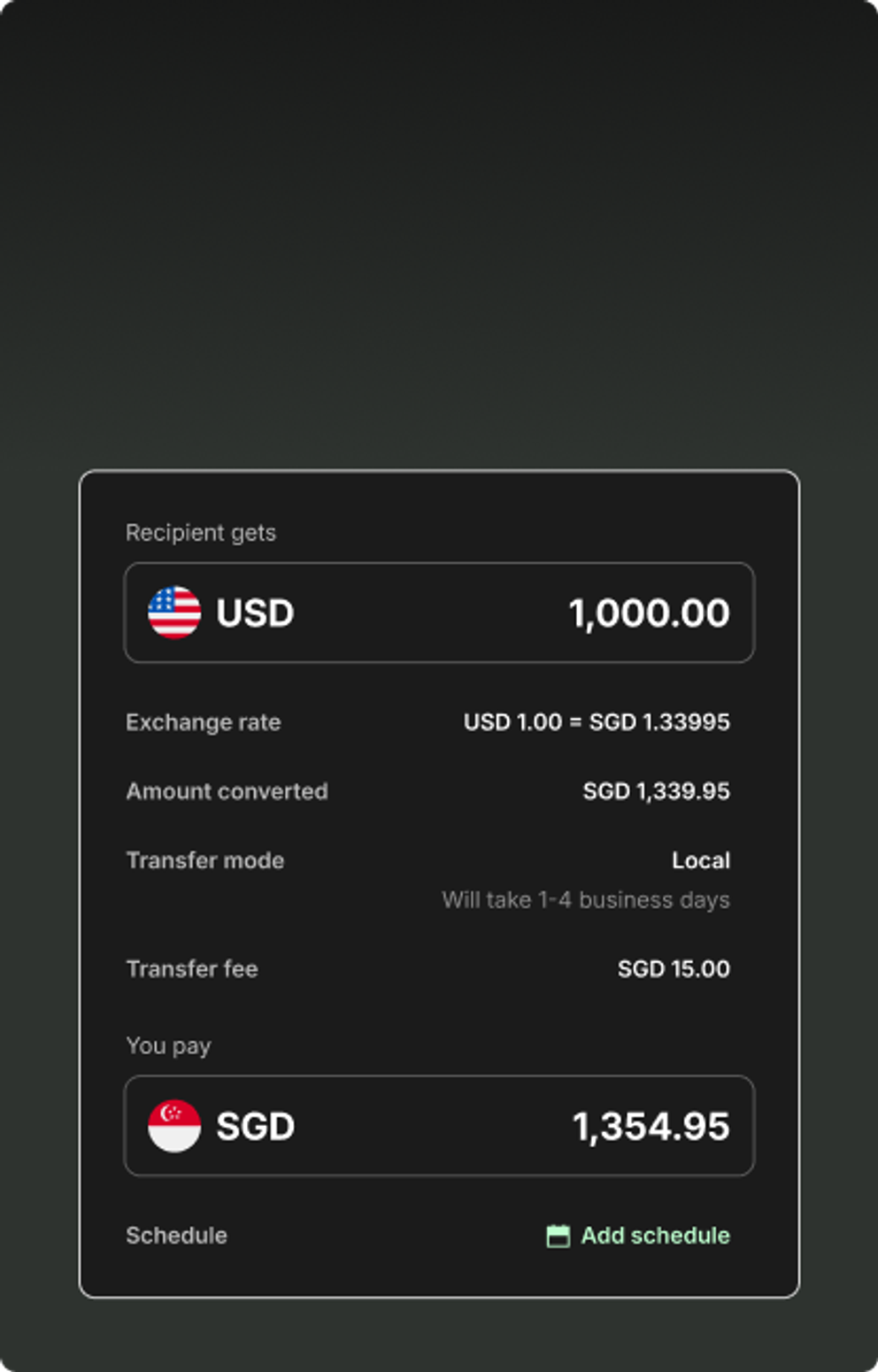 A transfer quote converting SGD 1,354.95 into USD 1,000.00 at the quoted exchange rate