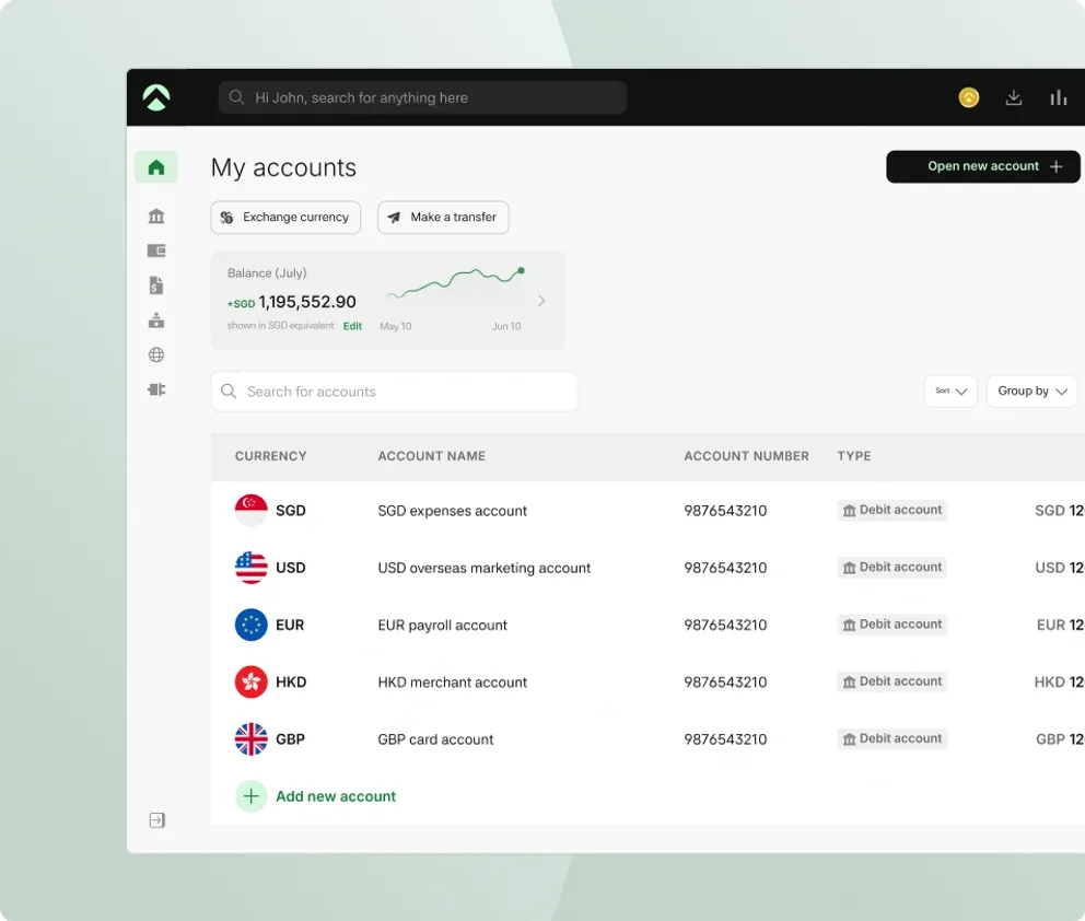 The Aspire dashboard listing SGD, USD, EUR, HKD and GBP accounts with their balances