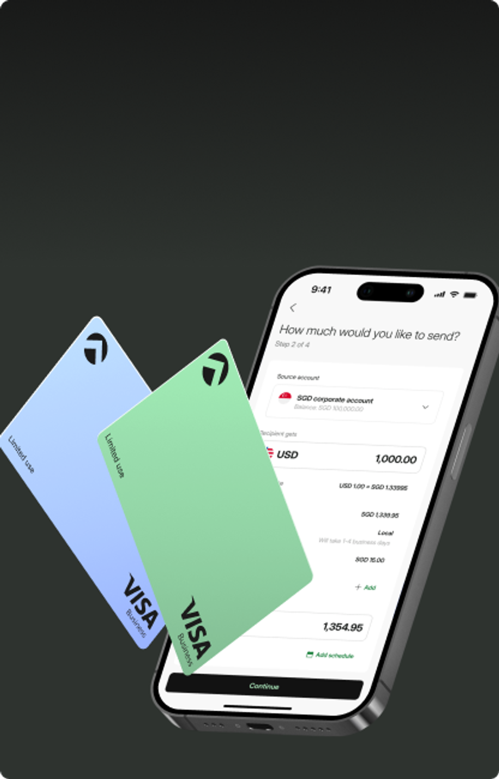 Two Aspire Visa cards beside a phone sending a USD transfer from an SGD account