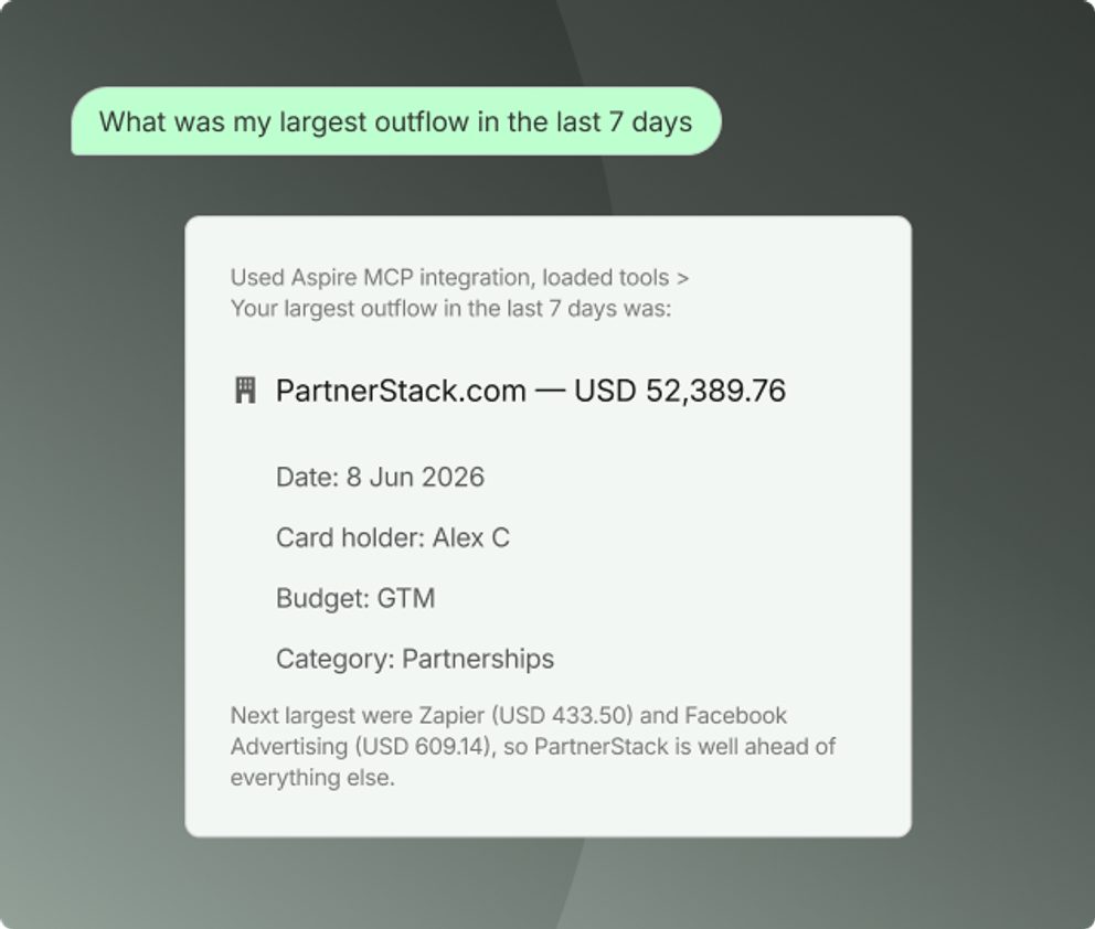An assistant naming the largest outflow of the past week with its vendor, amount, date, card holder, budget and category, and the two next largest beneath it.