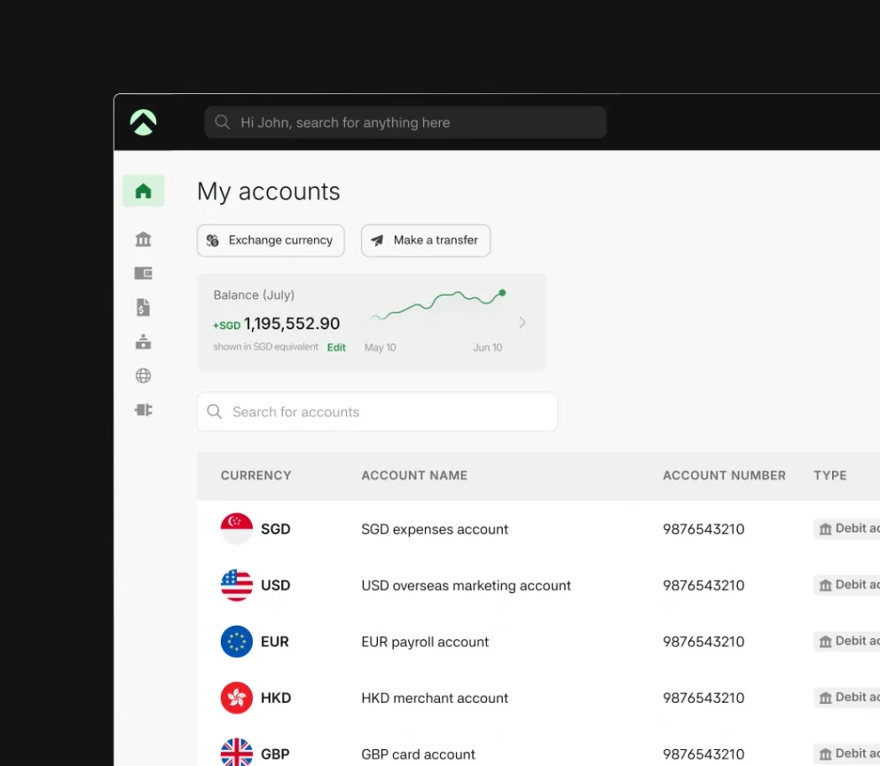 Aspire dashboard listing multi-currency business accounts