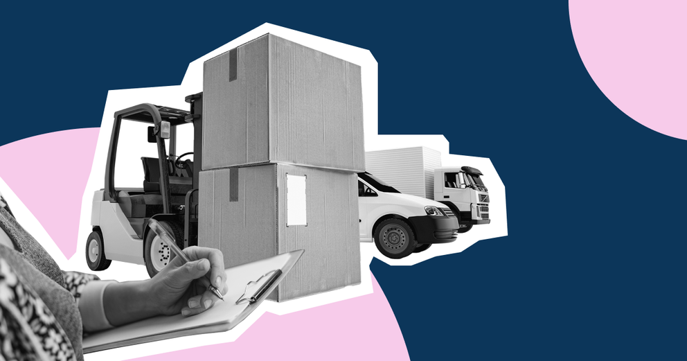 A tractor, a car, and a truck. The tractor bringing boxes and there's a hand with a paper and  a pad.