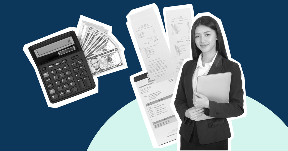A businesswoman holding files with receipts, calculator, and money behind her.