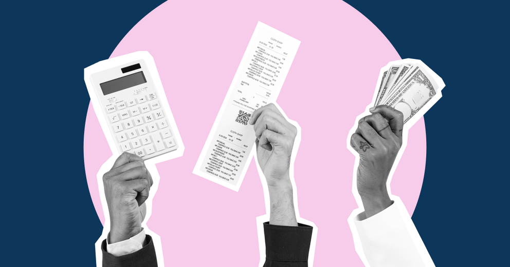 Calculator, bills, and money, held by each hand.