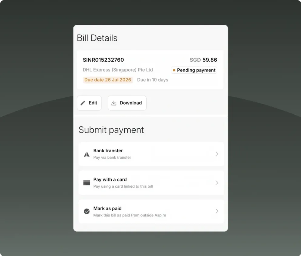 A vendor bill awaiting payment, offering bank transfer, card payment, or marking it paid outside Aspire.