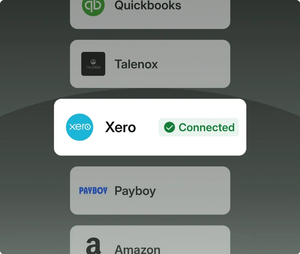 The Aspire app with Xero connected, alongside Quickbooks, Talenox, Payboy and Amazon