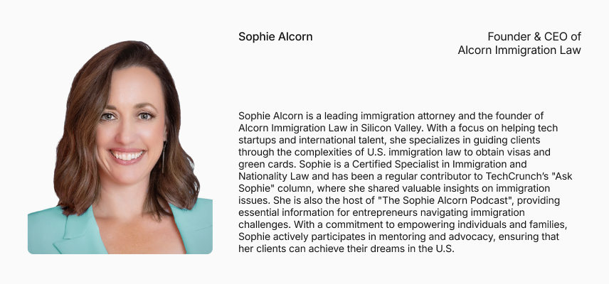 Speaker bio card for Sophie Alcorn, immigration attorney and founder of Alcorn Immigration Law
