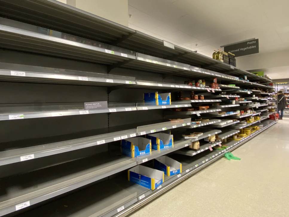Empty shelves due to items being out of stock