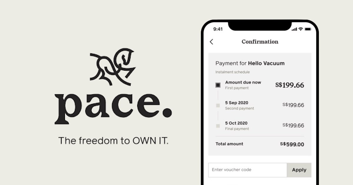 Pace wordmark beside a phone confirming three instalments of S$199.66 on a S$599 purchase