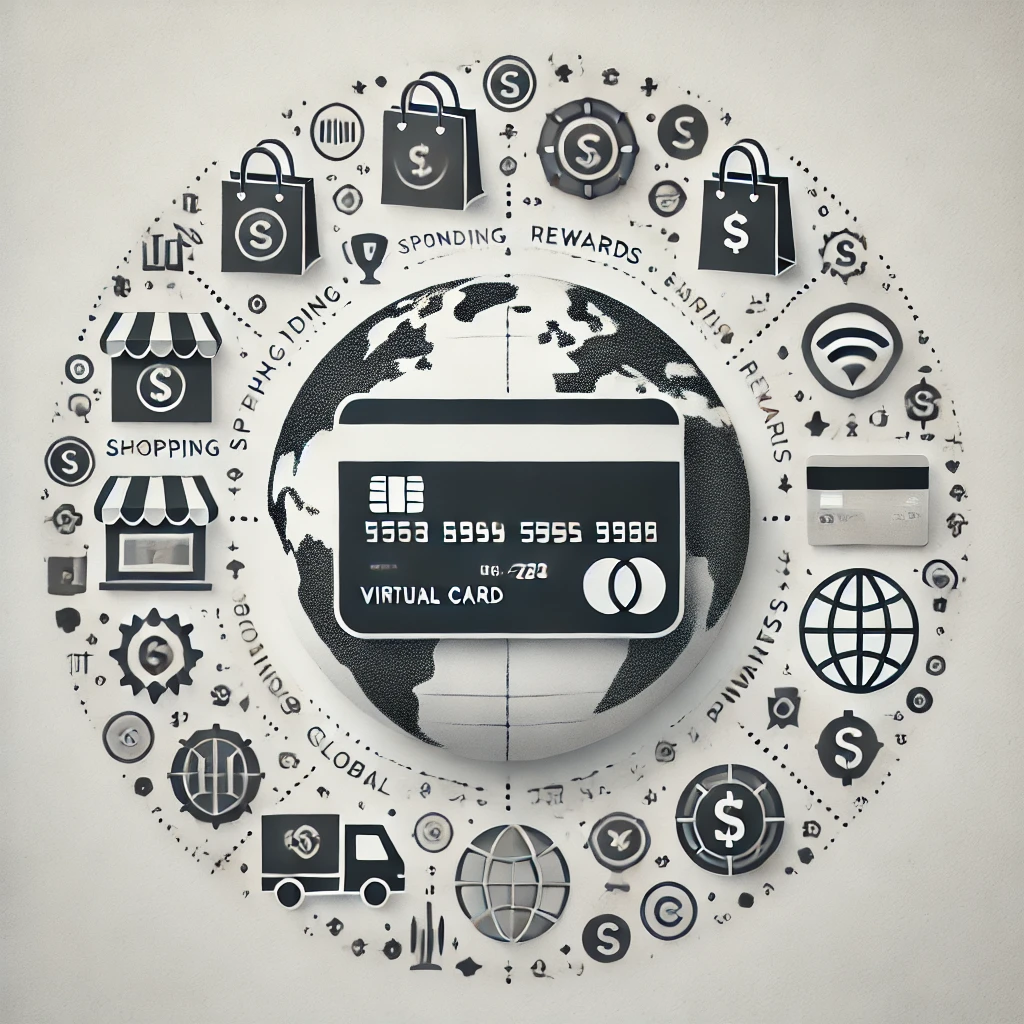Illustration of a virtual card over a globe, ringed by shopping, delivery and contactless payment icons