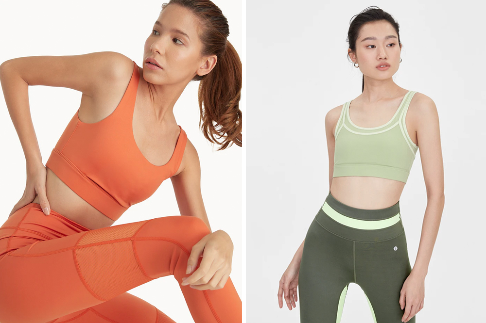 Two activewear looks: an orange sports bra with matching leggings, and a sage crop top with olive leggings