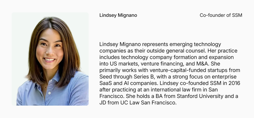 Speaker bio card for Lindsey Mignano, co-founder of SSM, outside general counsel to venture-backed tech companies