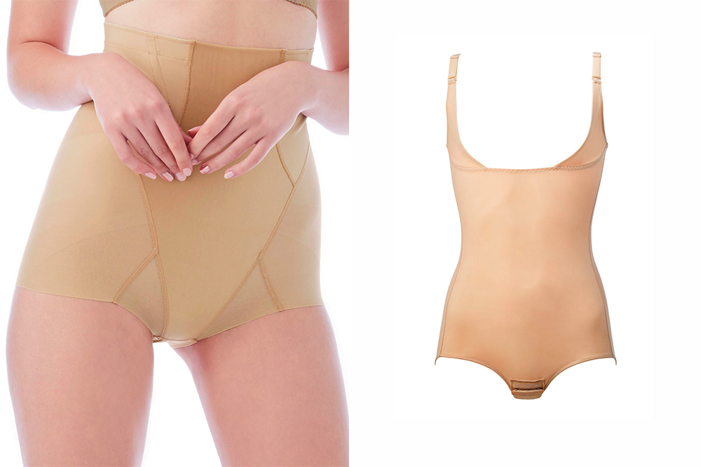 Nude shapewear: high-waisted control briefs worn on-body, and a shaping bodysuit shown flat