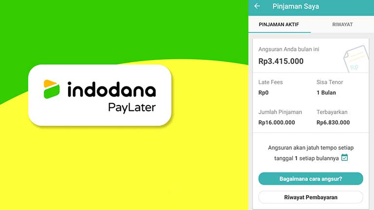 Indodana PayLater logo beside its app screen showing an active loan's monthly instalment and balance