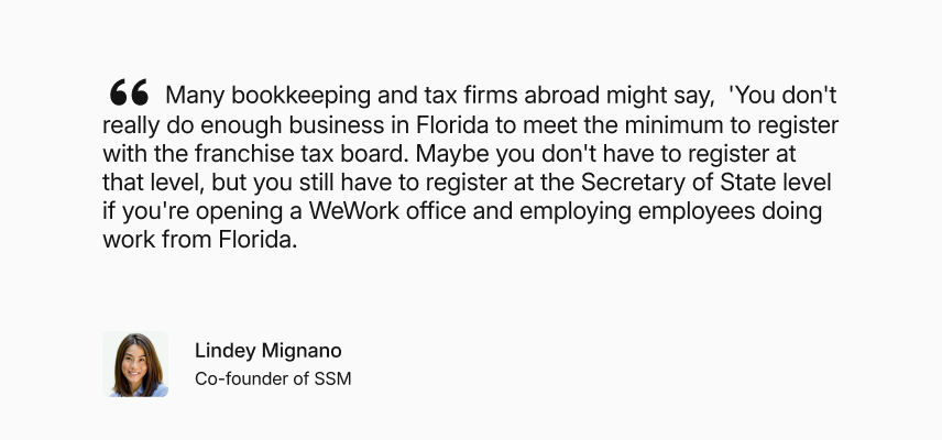 Pull quote from Lindsey Mignano of SSM: an office and staff in a state trigger Secretary of State registration