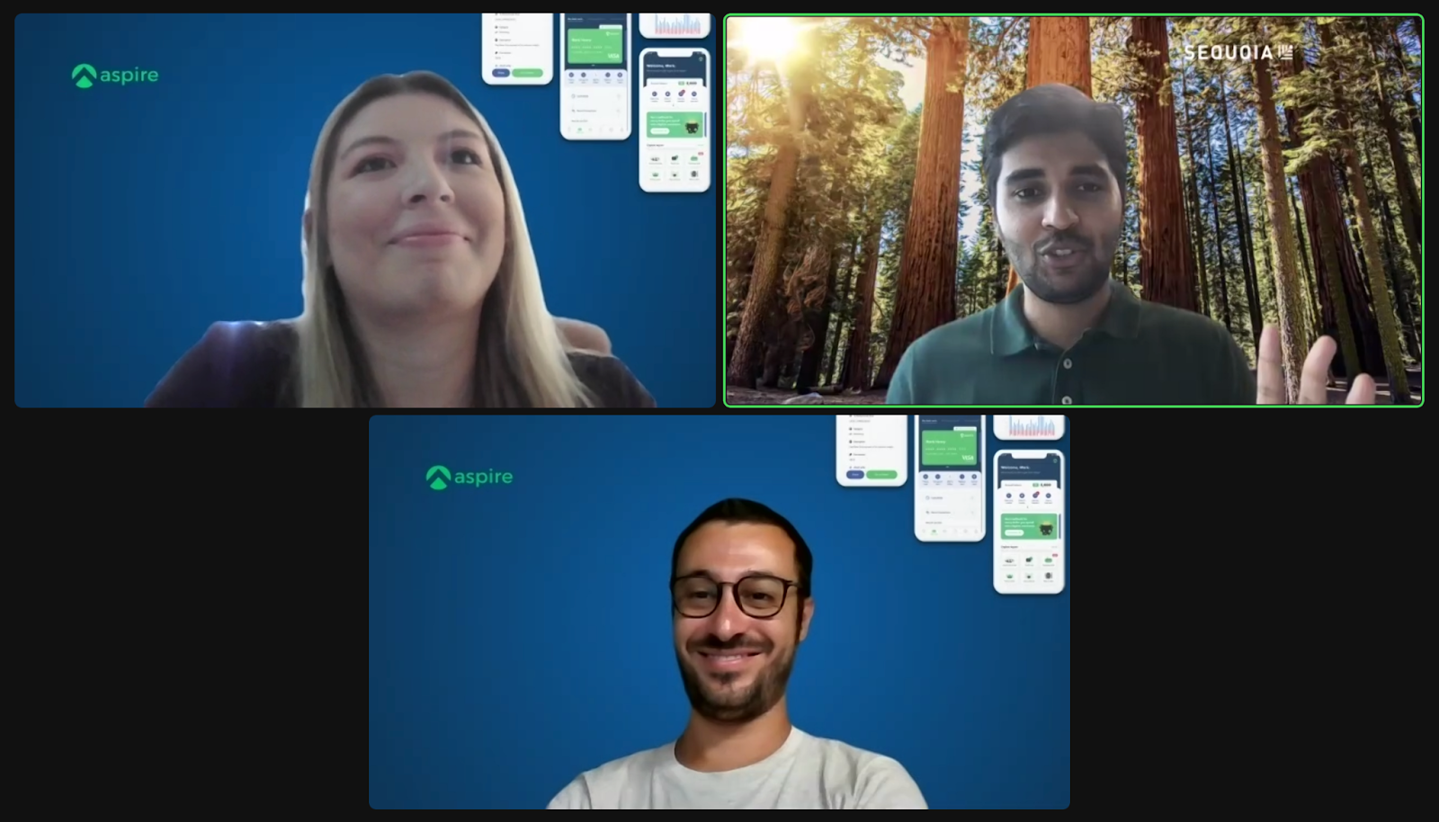 Three panellists on a video call, two on Aspire-branded backgrounds and one on a Sequoia background