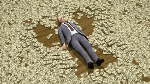 A cartoon executive lying on a floor covered in banknotes, sweeping them like snow