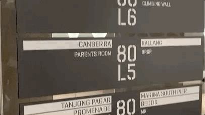Office directory panels listing level numbers beside station names like Canberra, Kallang and Tanjong Pagar
