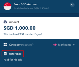 The Reference field highlighted below the amount, the category picker and the free FAST transfer note