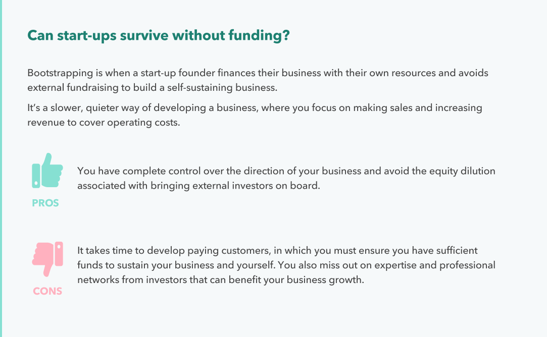 Card on bootstrapping: pros are control and no equity dilution; cons are slow customer growth and no investor network