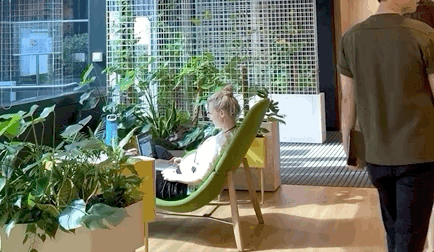 An employee working on a laptop in a lounge chair surrounded by potted plants in a common area