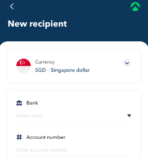 One form starting with a currency picker defaulted to Singapore dollar, then bank and account number