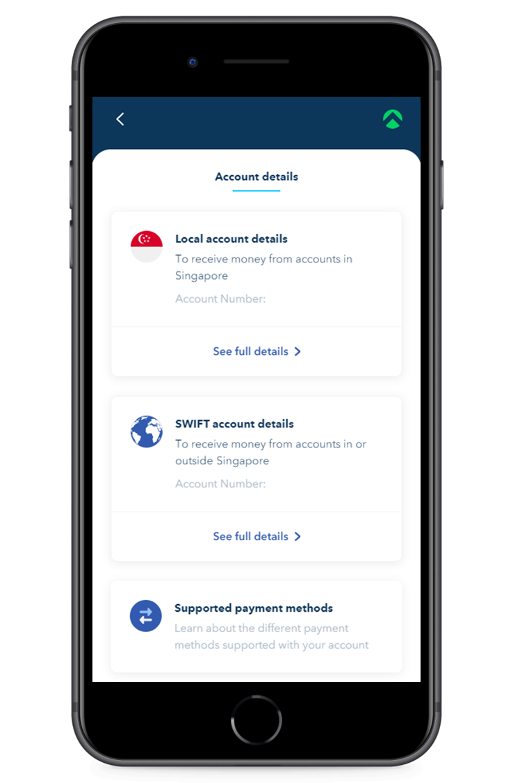 Aspire app account details screen listing local and SWIFT receiving details and supported payment methods