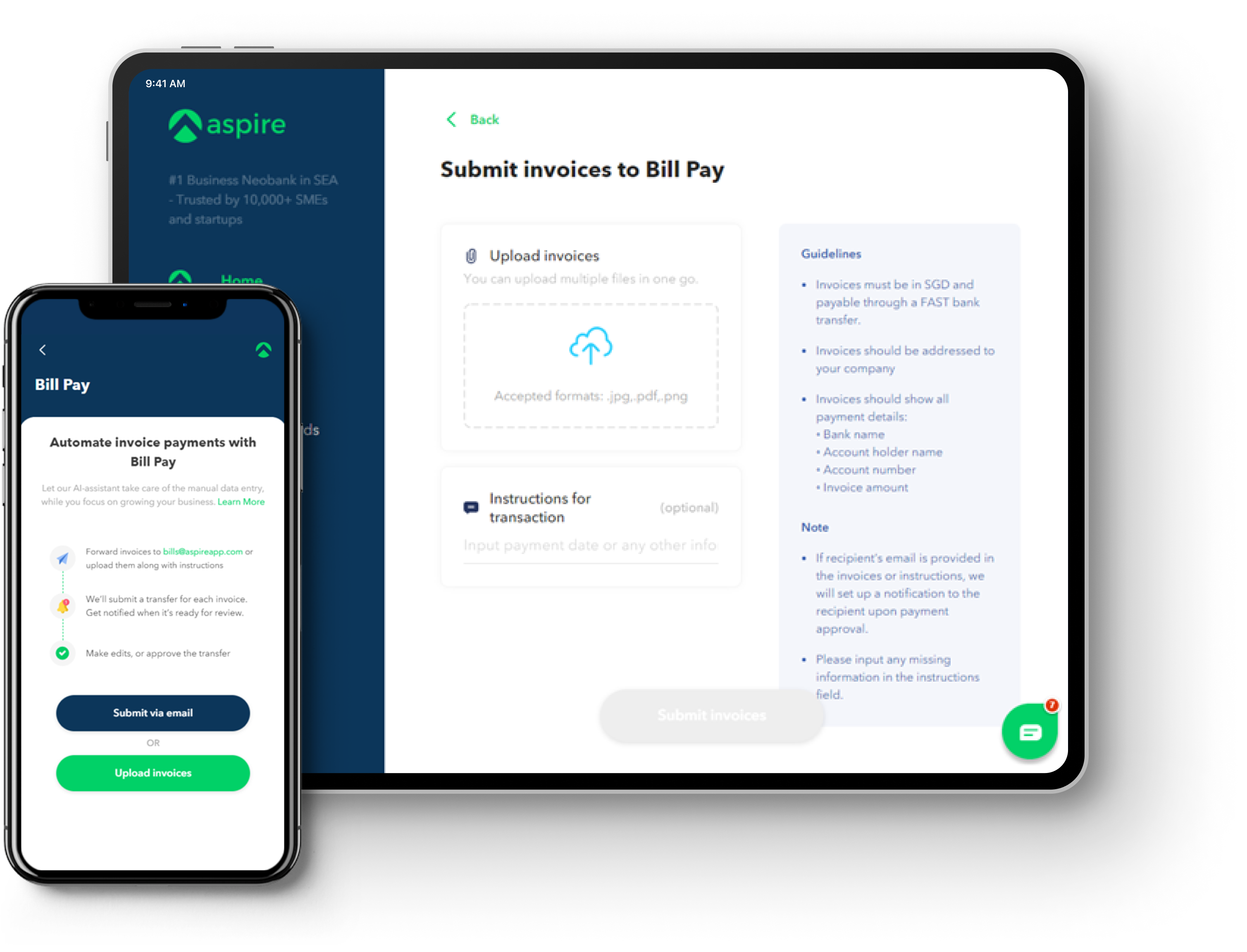 Aspire app Bill Pay screens on tablet and phone: uploading invoice files, with submit-by-email as the alternative
