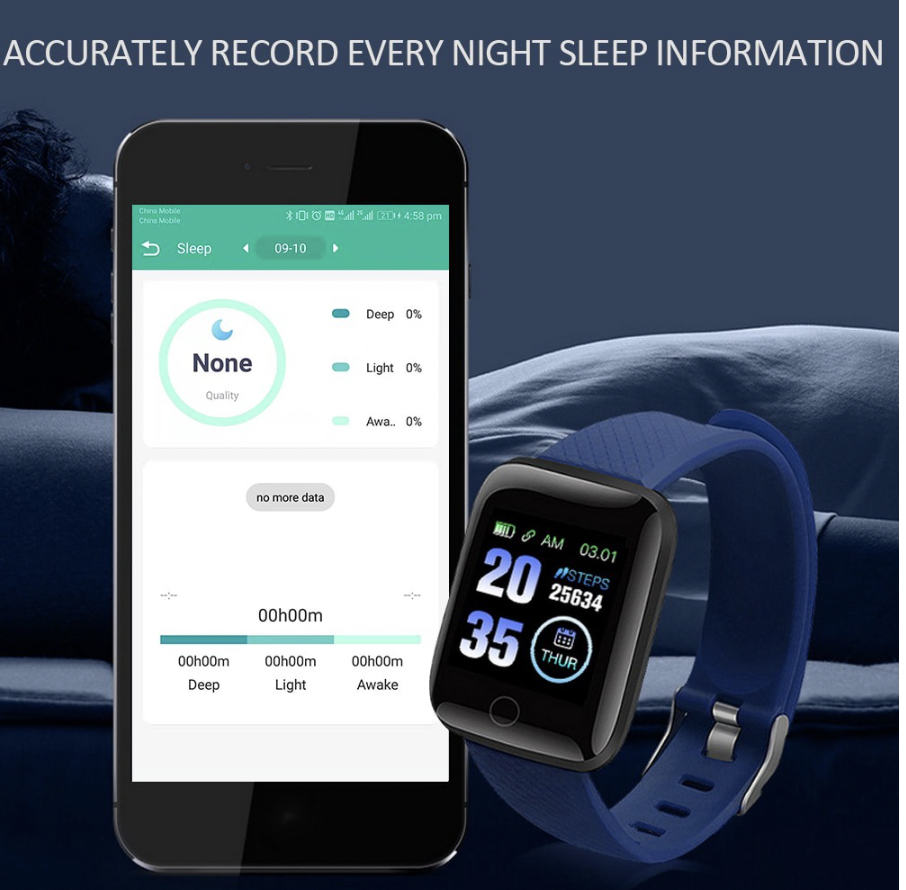 A blue-strap fitness watch beside a phone showing its sleep tracking screen with deep, light and awake time