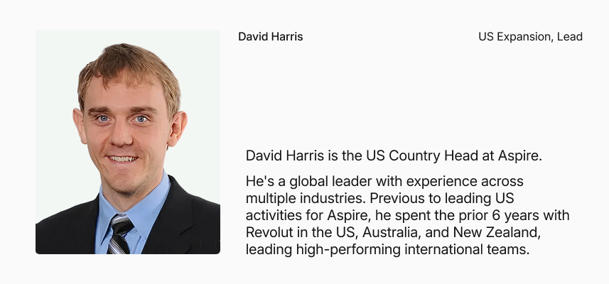 Speaker bio card for David Harris, Aspire's US country head, previously six years at Revolut