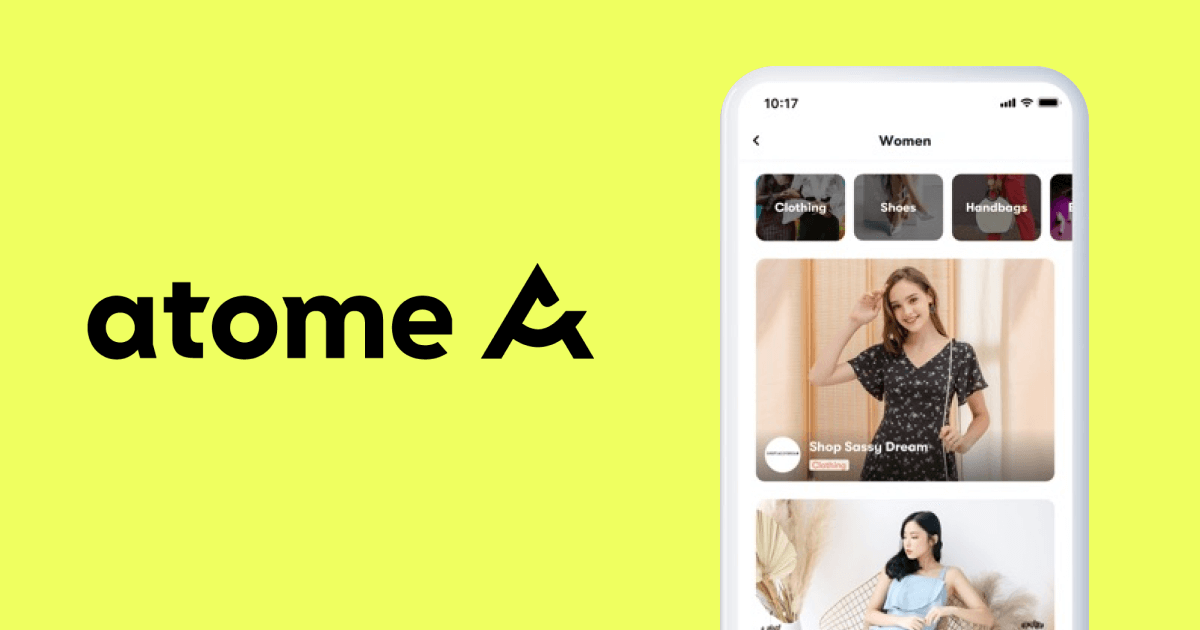 Atome wordmark beside a phone showing the app's women's shopping categories and featured brand offers