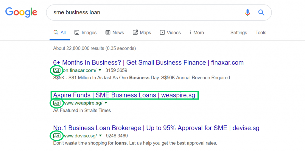 aspire funds sme business loans weaspire.sg paid ad google search results