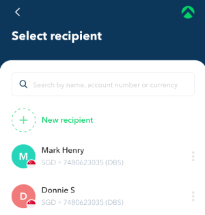 One search field over a combined recipient list, each entry showing its currency and account number