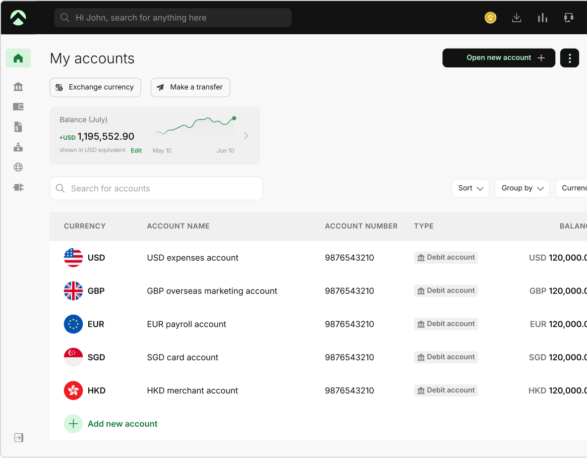 The Aspire dashboard listing business accounts in several currencies