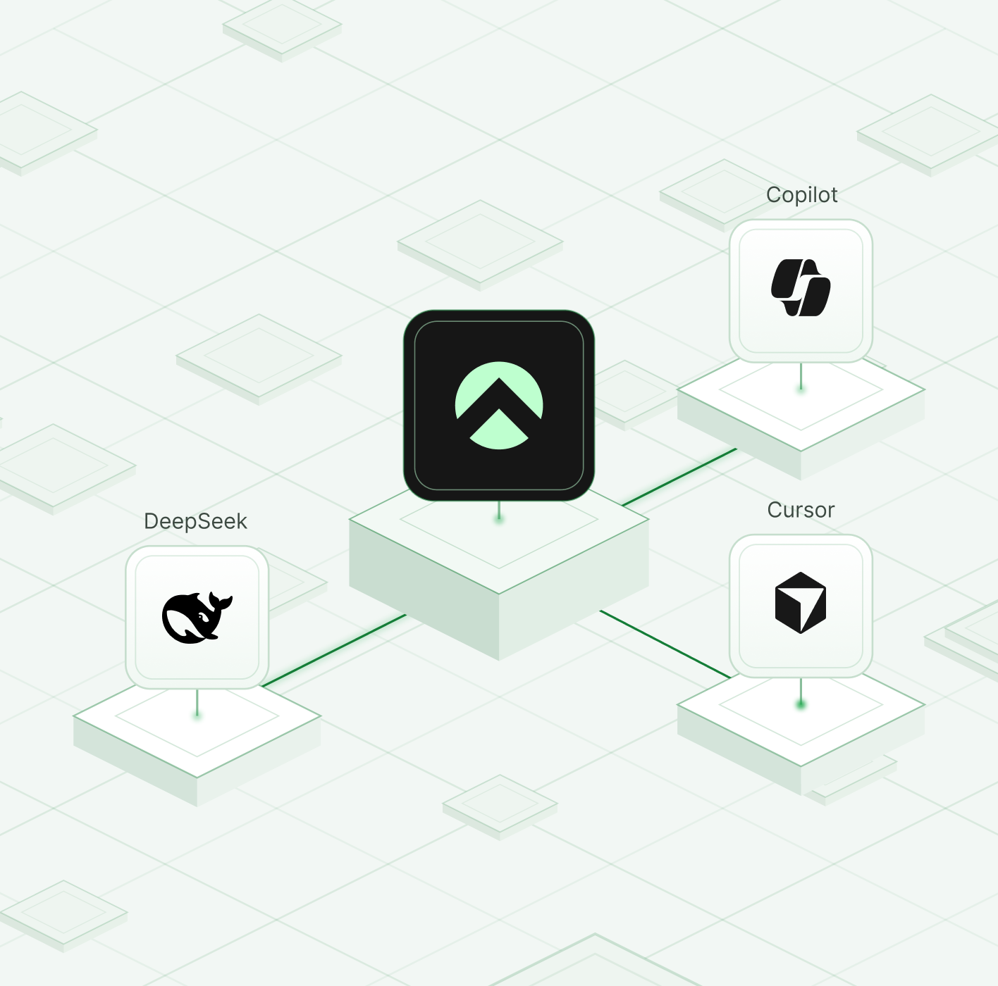 The Aspire logomark at the centre of an isometric board, wired out to three assistant tiles labelled DeepSeek, Copilot and Cursor.